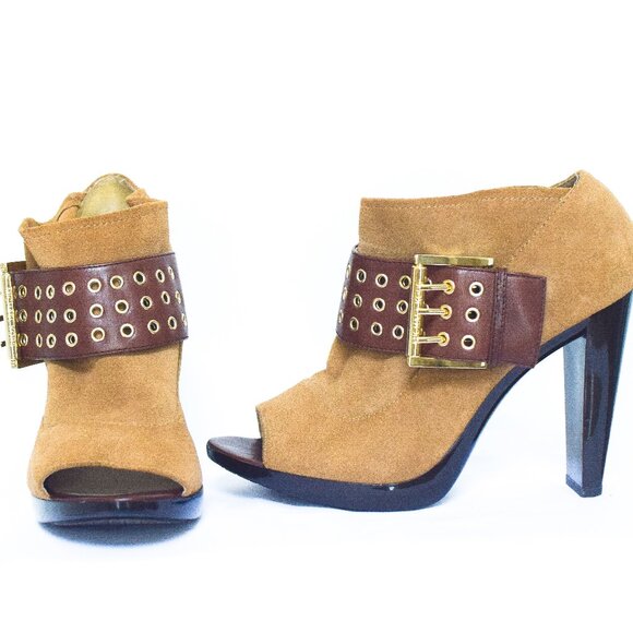 MICHAEL Michael Kors Shoes - Michael Kors SZ 8M St. Marks Brown Suede Open Toe Bootie Heels w/ Leather Buckle